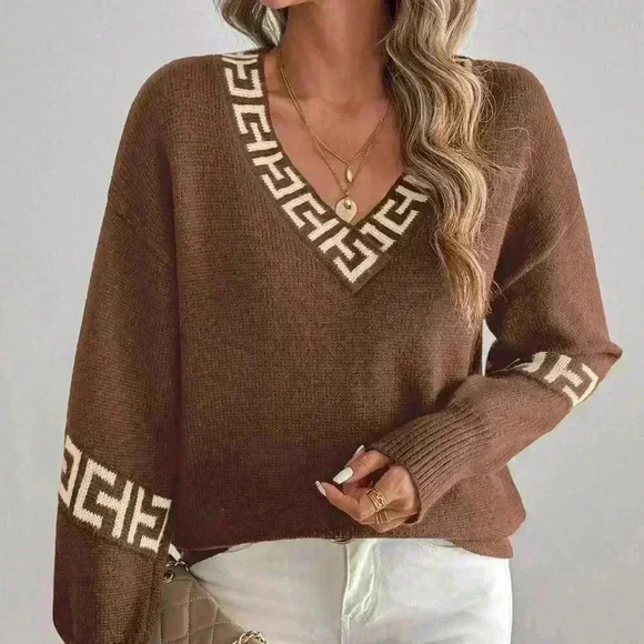 Sweaters - Multicolor Casual Women's V-Neck Drop Shoulder Loose Pullover Sweater